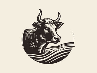 Cow head. Hand drawn sketchy engraving emblem, isolated illustration
