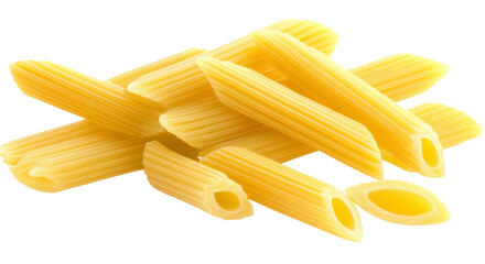 raw Penne Rigate, uncooked Italian Pasta, isolated on white background, clipping path, full depth of field