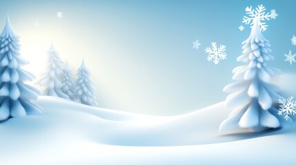 Naklejka premium Enchanting winter wonderland background with snow-covered pine trees, fluffy snow on the ground, and sparkling snowflakes under a bright sky.