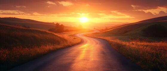Bright sunrise illuminating a winding road through a rural scenic landscape symbolizing the start of a new path and journey of growth adventure and opportunity