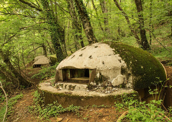 An abandoned pillbox bunker in the forest on Mount Dajti near Tirana in Central Albania. A relic...