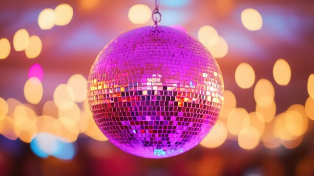 A disco era disco ball spinning at a throwback party, transporting guests to the golden age of disco