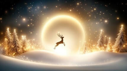 Naklejka premium Festive Christmas background featuring a silhouette of reindeer leaping through a snowy forest, with twinkling stars and a glowing moon in the background.