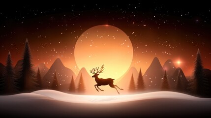 Festive Christmas background featuring a silhouette of reindeer leaping through a snowy forest, with twinkling stars and a glowing moon in the background.