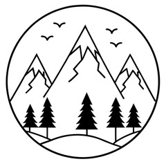 Obraz premium Line Art Vector of Mountains Framed by Pines with Birds Overhead