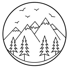 Fototapeta premium Line Art Vector of Mountains Framed by Pines with Birds Overhead