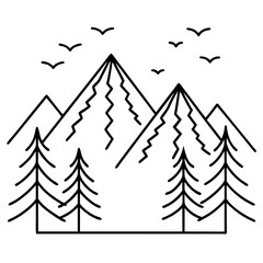 Obraz premium Line Art Vector of Mountains Framed by Pines with Birds Overhead