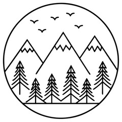 Obraz premium Line Art Vector of Mountains Framed by Pines with Birds Overhead