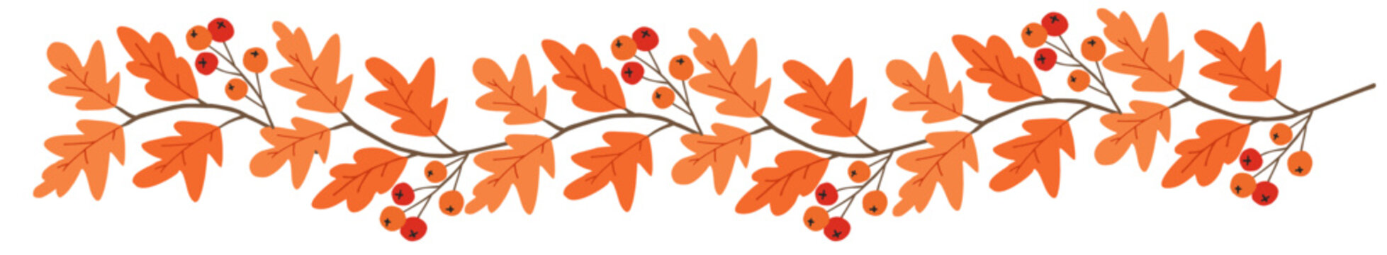 Fall floral garland. Orange autumn leaves, red rowan berries decorative frame isolated on white background. easonal banner, poster, card. Washi tape design. Hand drawn vector illustration, flat style