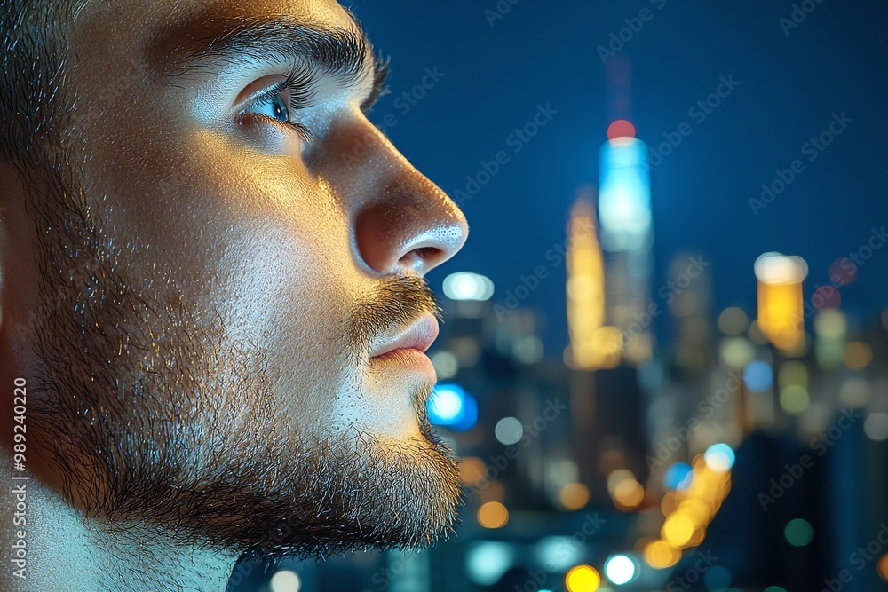 Poster a close-up of a manâ€™s face in profile, illuminated by the glow of a city skyline at night, creatin