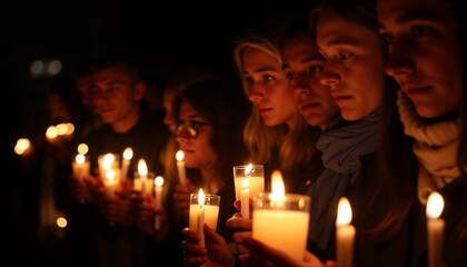 Close-up of people holding candles, solemn atmosphere at a vigil with soft candlelight