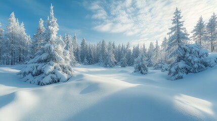Fototapeta premium Snow-covered pine trees stand tall in a winter wonderland, sunlight casting long shadows across the pristine landscape.