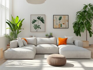 A cozy and inviting modern living room featuring a large comfortable sectional sofa stylish minimalist decor and a blend of Japandi interior design elements