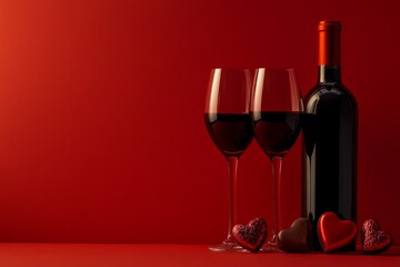 A romantic wine setting with two glasses and a bottle. Red hearts surround them on a vibrant background. Perfect for love and celebration. Generative AI
