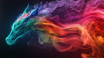 fantastical animal emerges from swirling rainbow colored smoke, captivating with its vibrant hues and ethereal presence. This mesmerizing creature embodies creativity and imagination