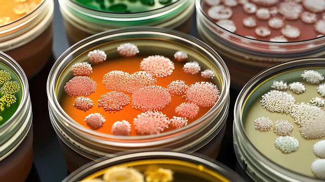 Colorful microbial colonies in petri dishes, representing scientific research, microbiology, bacterial growth, and laboratory analysis of organisms.

