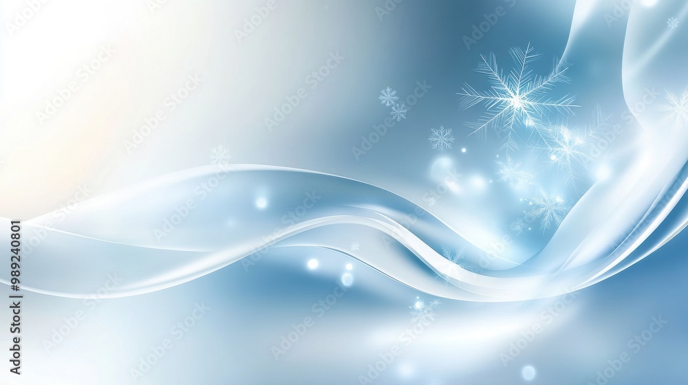 Poster fluid abstract winter background with soft flowing lines, snowflake patterns, and a cool color palet