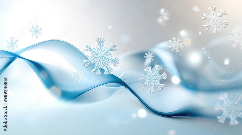 Poster fluid abstract winter background with soft flowing lines, snowflake patterns, and a cool color palet