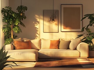Cozy and inviting modern living room with a large comfortable sectional sofa and minimalist stylish decor lush indoor plants and natural textures muted earthy tones cinematic digital aesthetic