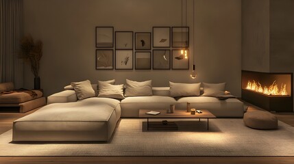 Cozy and inviting modern living room with a large comfortable sectional sofa and minimalist stylish decor the soothing color hues and soft lighting creating a serene and calming atmosphere