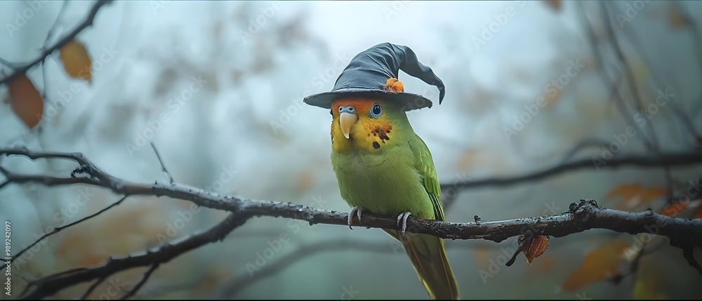 Wall mural whimsical parakeet wearing a tiny witch s hat perched on an autumnal tree branch surrounded by spook