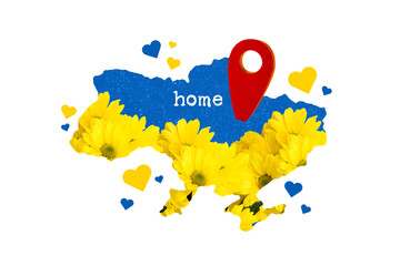 Poster banner collage of ukraine map geo pin showing home place love glory stop war concept
