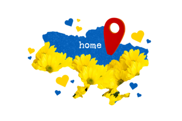 Poster banner collage of ukraine map geo pin showing home place love glory stop war concept