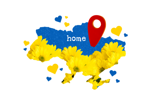 Poster banner collage of ukraine map geo pin showing home place love glory stop war concept