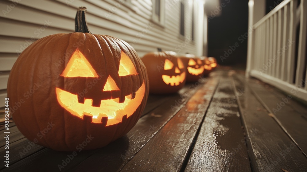 Canvas Prints A row of pumpkins lined up on a porch with jack o lantern faces, AI