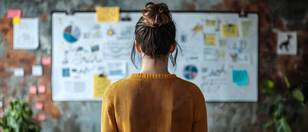 Poster entrepreneur brainstorming and jotting down ideas on a large notepad strategizing for a new business