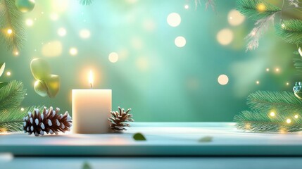 Green Christmas backdrop featuring eco-friendly holiday decorations made from upcycled materials, with natural garlands and softly glowing candles.