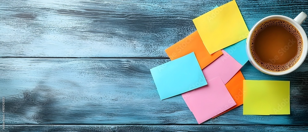 Poster overhead view of a business planning session with a desk template colorful sticky notes and a cup of