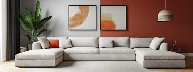 Cozy and inviting modern living room featuring a large comfortable sectional sofa sleek accent wall minimalist abstract art and modern pendant lighting for a peaceful and relaxing ambiance