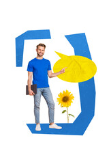 Template collage of guy with netbook demonstrate mind cloud advertise read believe true news...