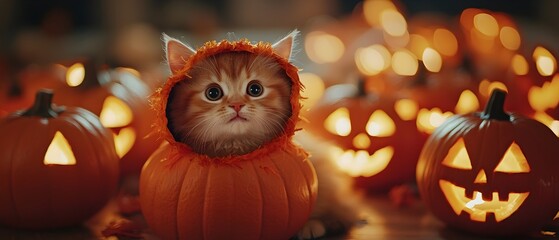 Adorable costumed kitten sitting among glowing jack o  lanterns creating a festive and whimsical Halloween scene  The cat appears cozy and warm in its pumpkin costume