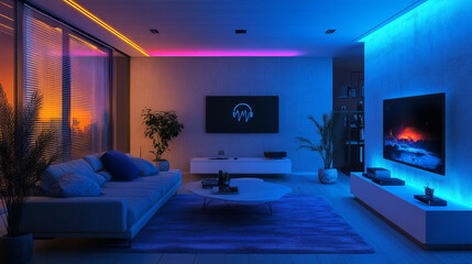 Futuristic smart living room with automated blinds, smart TV, voice-controlled lighting, and intelligent climate control