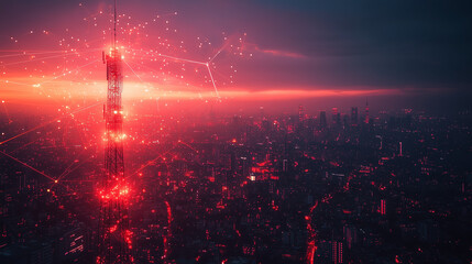 Telecommunication tower with cellular network antenna on Smart city and abstract line and dot connect with gradient line design. Big Data, IoT and 5G concept