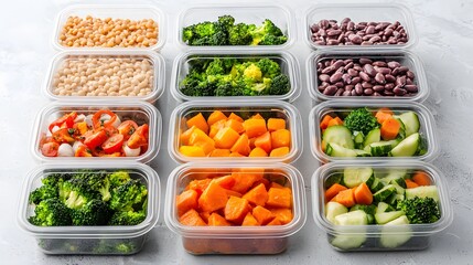 Colorful, organized meal prep containers filled with fresh vegetables and legumes arranged neatly for healthy eating.