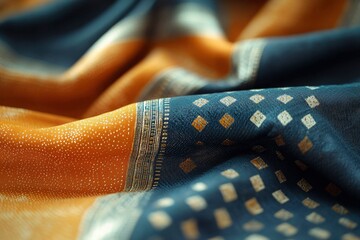 Close-up of a Gold and Blue Fabric with Geometric Patterns