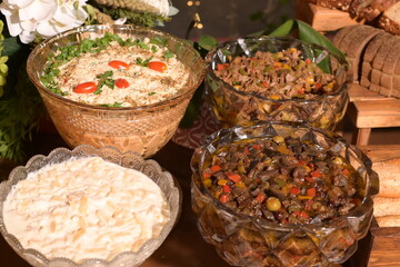 breakfast table with fruit bread cheese snack tropical salad ham grapes chestnut healthy food