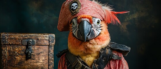 Vibrant cockatoo with striking red and orange feathers adorned in a whimsical pirate costume perched beside an ornate wooden treasure chest in a festive imaginative scene