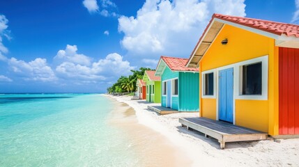 Obraz premium Row of vibrant bungalows along a pristine beach with clear turquoise waters, set against a bright tropical sky.