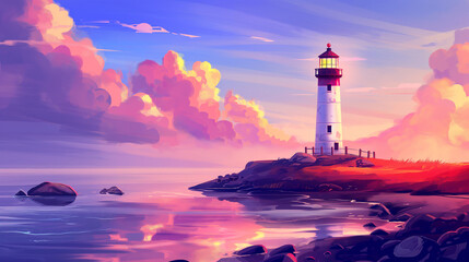 A lighthouse stands in the ocean against the background of water and beautiful clouds reflected in the water. Peace and joy of travel.