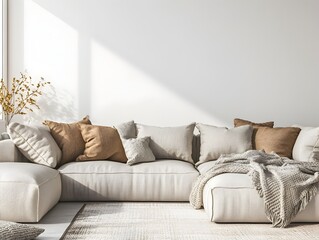 Cozy and Inviting Modern Scandinavian Style Living Room with Plush Sofa and Neutral Decor  Serene and Calming Ambiance with Natural Light Wood Elements and a Warm Elegant Aesthetic