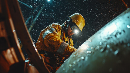 Worker in helmet fixing machinery at night
