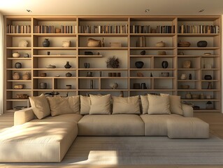 Cozy and inviting modern living room with a large comfortable sectional sofa and minimalist stylish decor  The space features floor to ceiling bookshelves with decorative objects clean lines