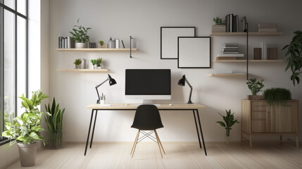 Ultra-modern minimalist workspace, simple white walls, light wooden floors, black accents, organized shelves, clutter-free environment