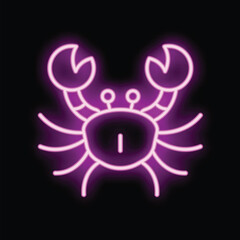 Pink neon sign showing a crab with big claws on a black background