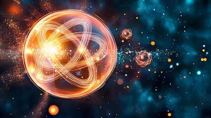 Atomic structure with glowing particles and energy orbitals in deep space, representing physics, quantum mechanics, and scientific discovery.

