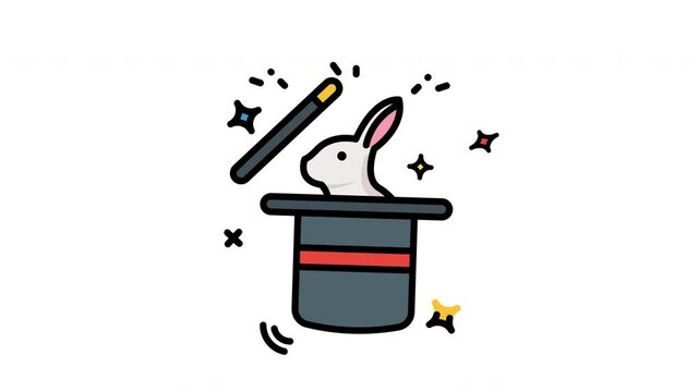 Animated white rabbit, black top hat, magic wand, stars, ideal for Easter or magic themed designs, invitations, posters, or childrens books